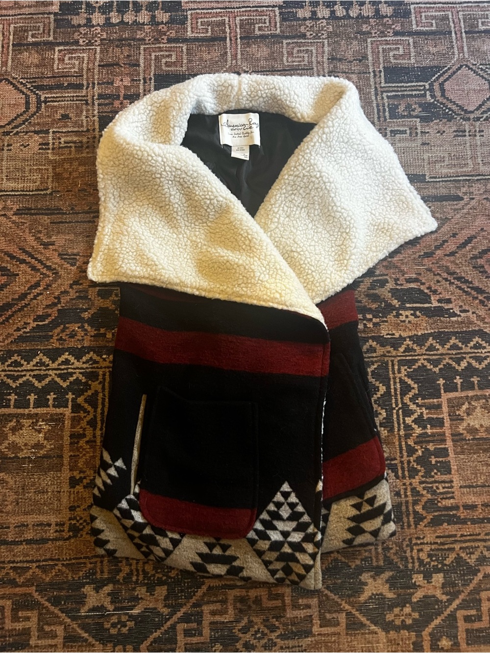 American Rag Black & Burgundy Southwest Patterned Vest with Cream Sherpa Collar